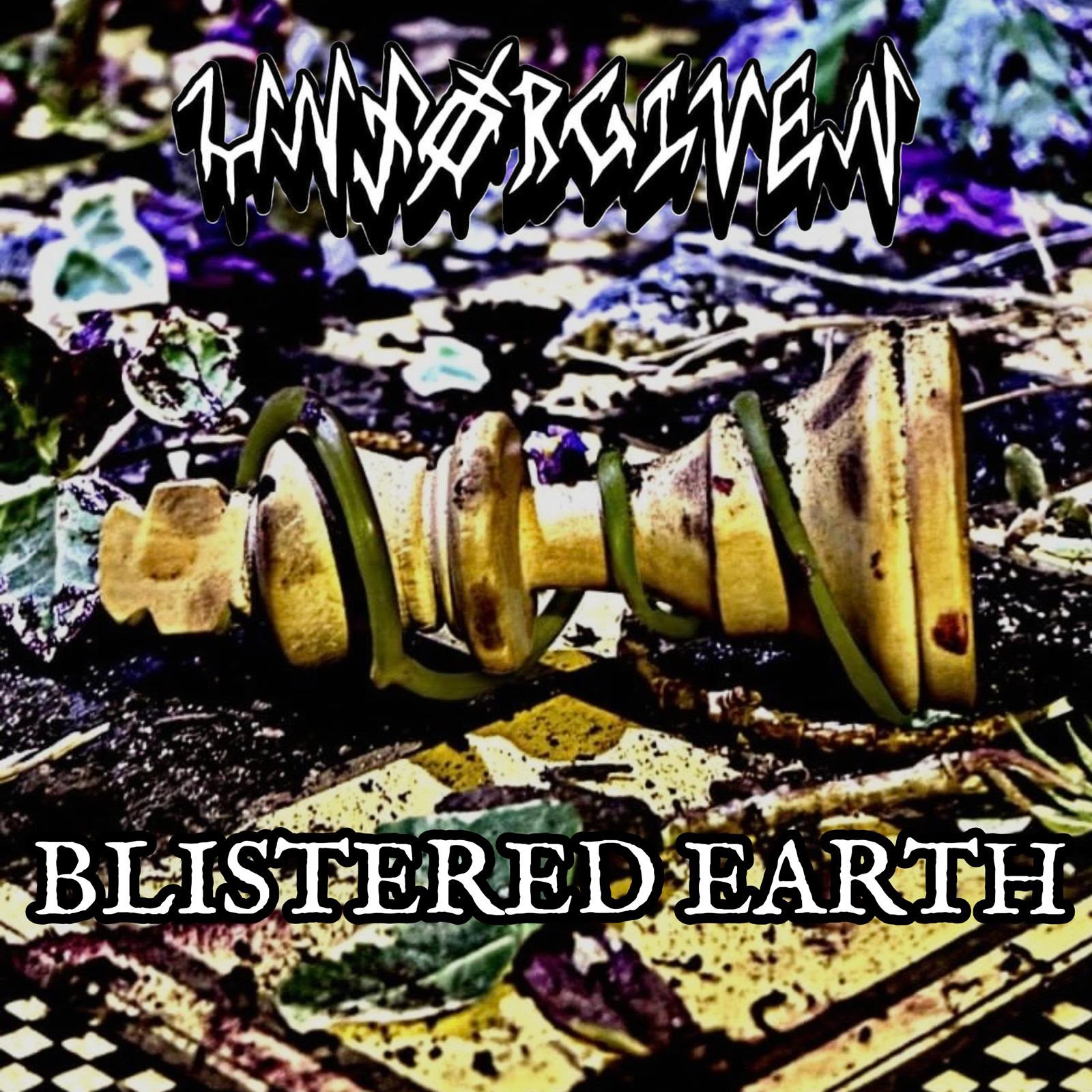 Blistered Earth cover art: a rotted chess pawn lying in wet leaves, colours pushed to acid yellow and violet, with the Unførgiven logo above.