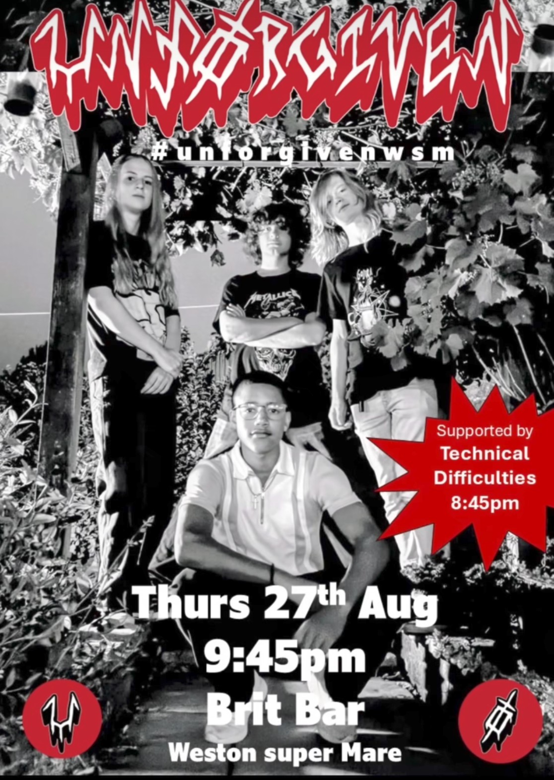 Gig poster: Unførgiven at Brit Bar, Weston-super-Mare, Thursday 27th August, 9:45pm, supported by Technical Difficulties at 8:45pm.